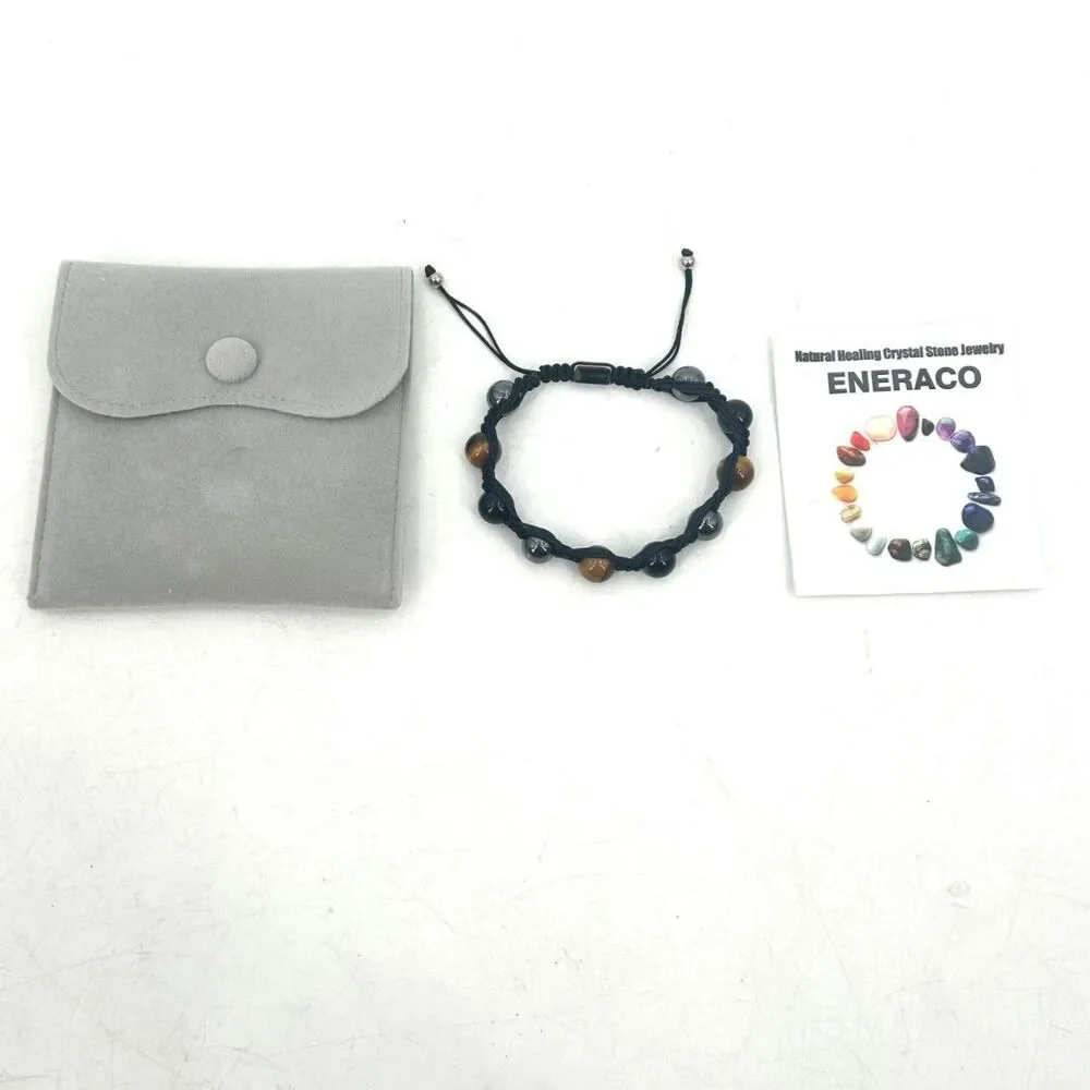 NEW! ENERACO Mens Tiger Eye Hematite Obsidian Beaded Macrame Bracelet Adjustable